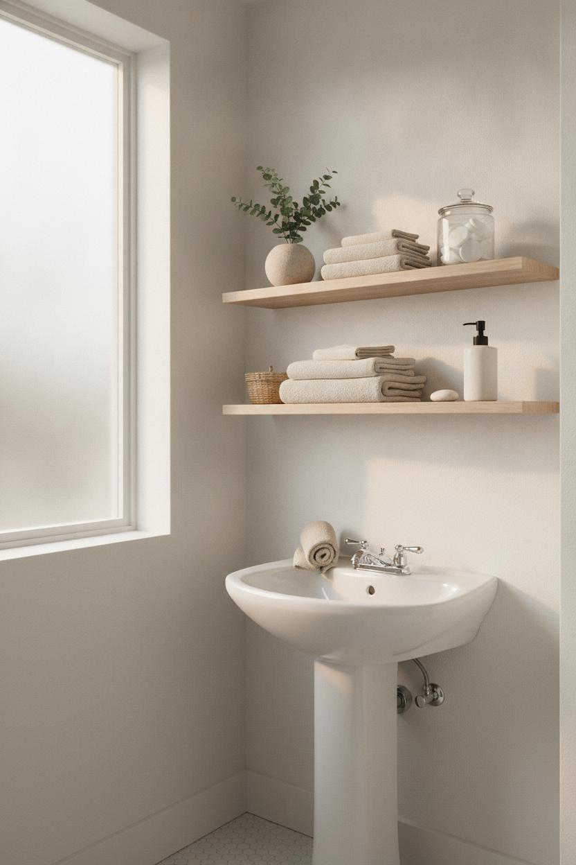 Small bathroom organization hack using floating wooden shelves styled with towels, eucalyptus plant, and minimalist accessories.