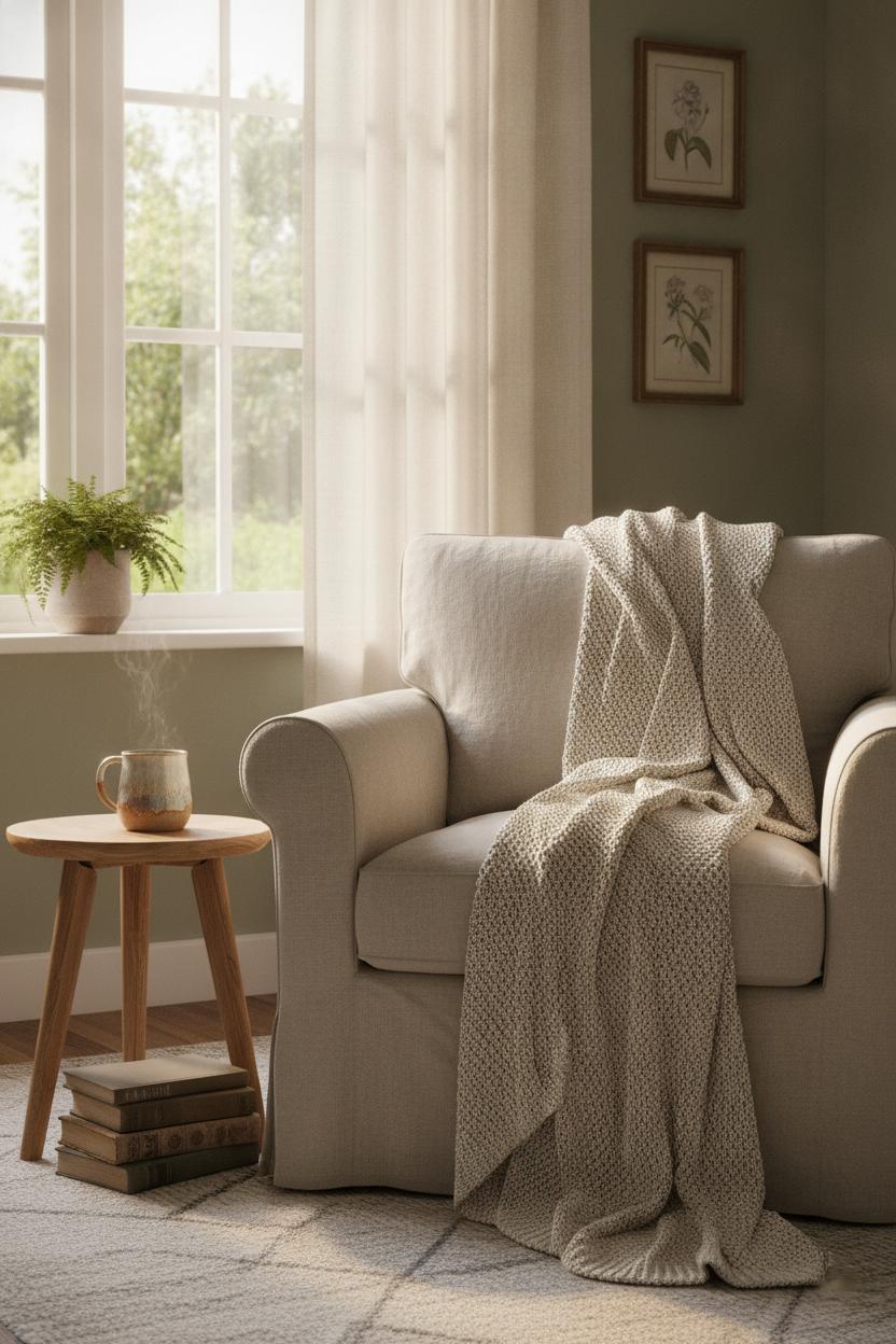 Cozy reading nook with linen armchair, tea, and books — slow living morning routine ideas at their best