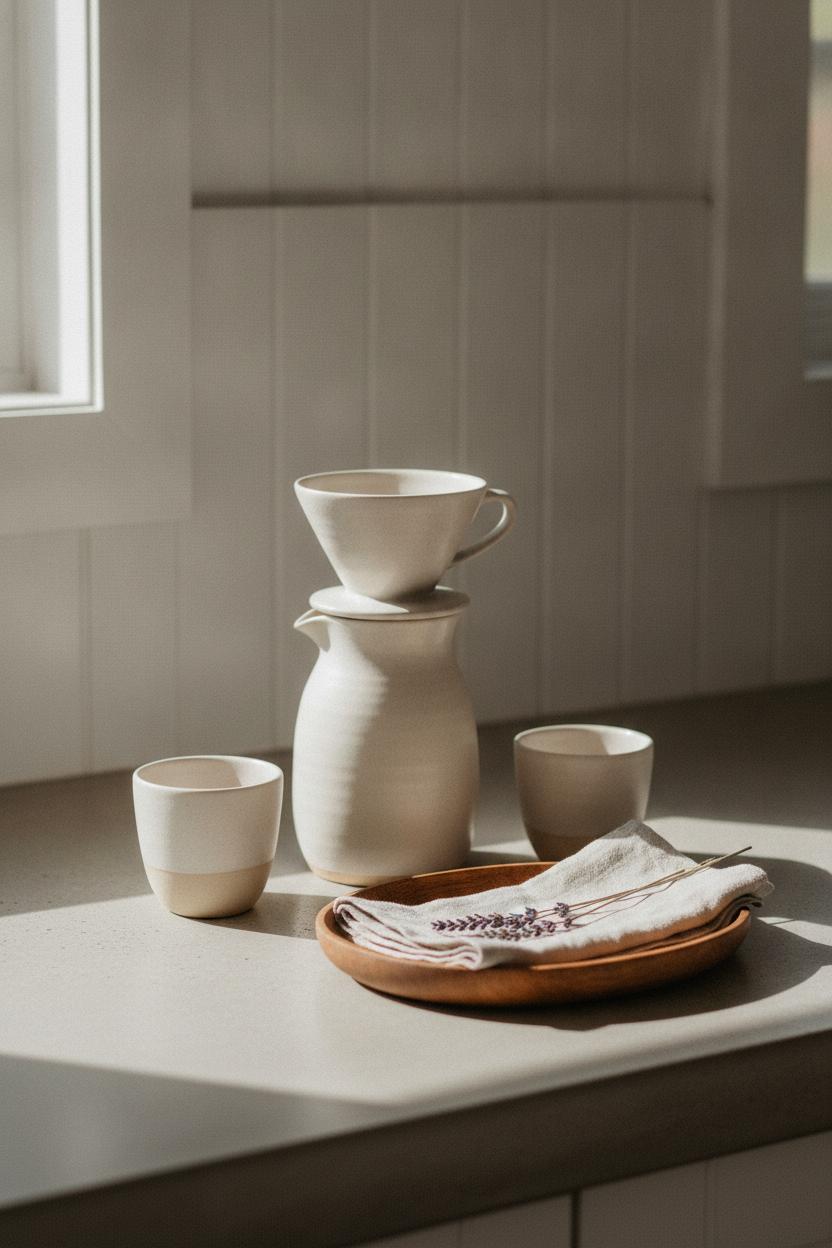 Minimalist ceramic pour-over coffee set on kitchen counter — slow living morning routine ideas with linen, lavender, and soft sunlight