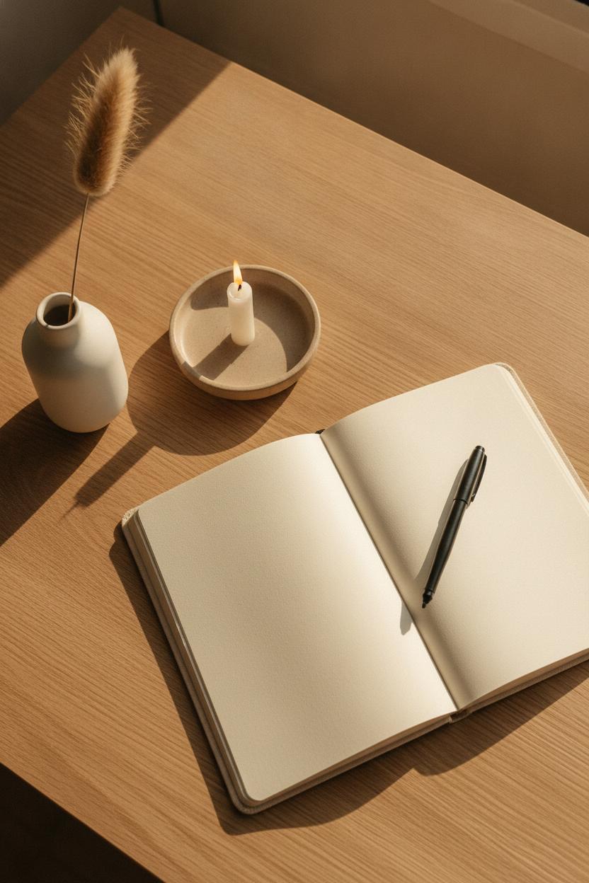 Flat lay journal, candle, and pampas grass on oak desk — slow living morning routine ideas for a peaceful start