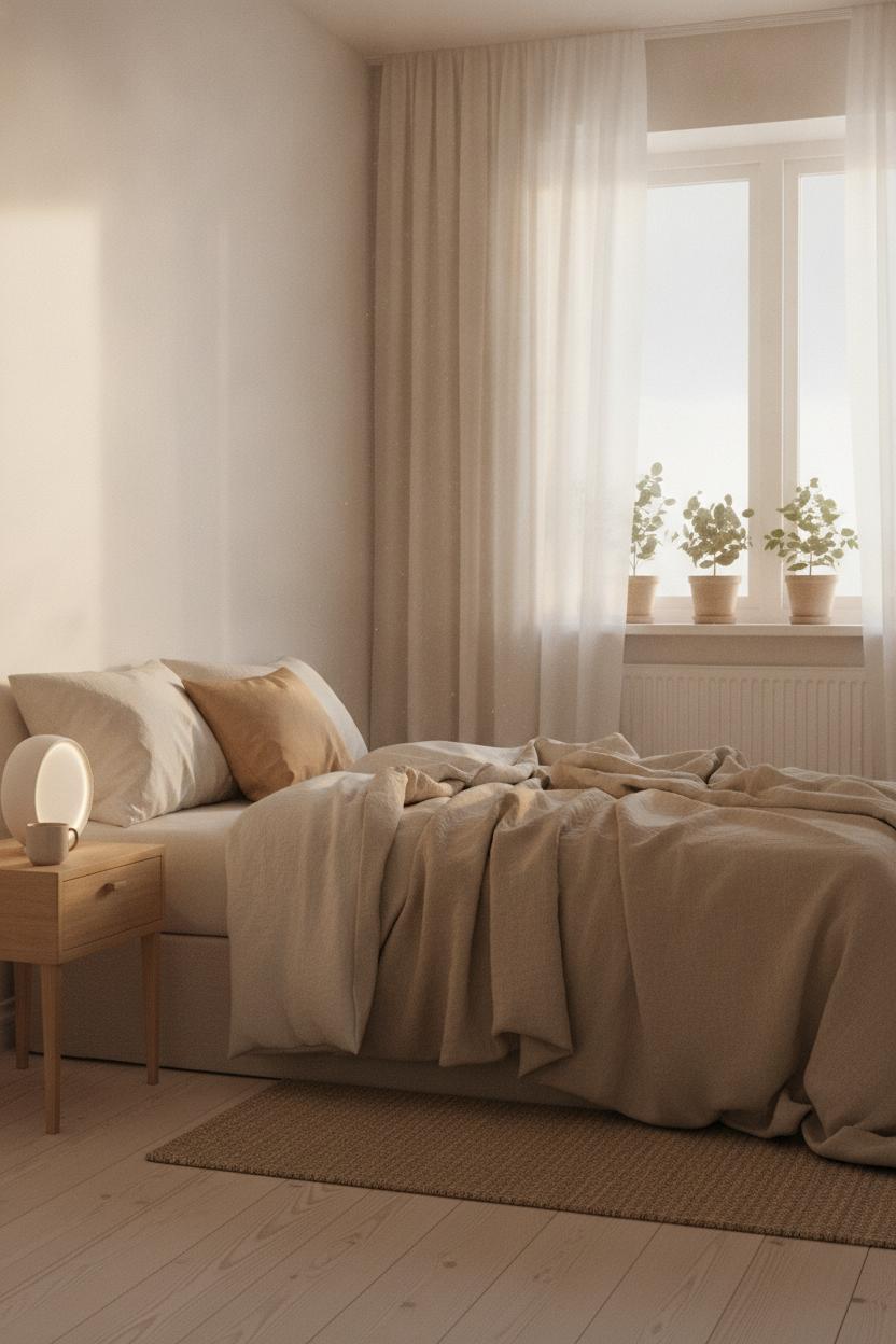 Minimalist Scandinavian bedroom at dawn with linen bedding and sunrise alarm clock — slow living morning routine ideas