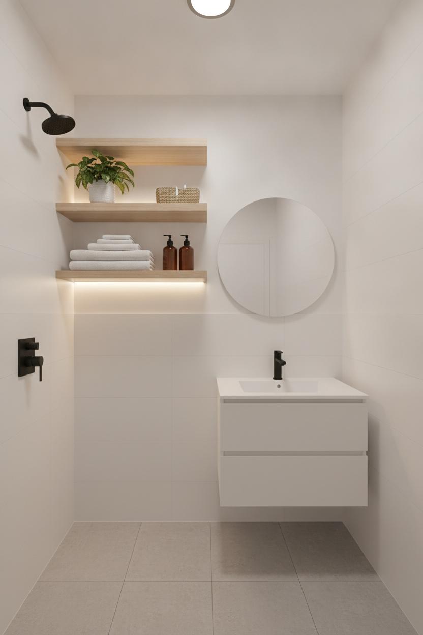Minimalist small bathroom design with floating wooden shelves, white towels, amber bottles, and matte black fixtures