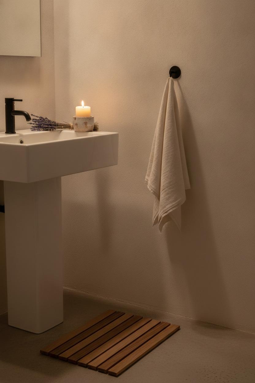 Cozy minimalist small bathroom design with teak bath mat, linen towel, ceramic candle holder, and dried lavender accents