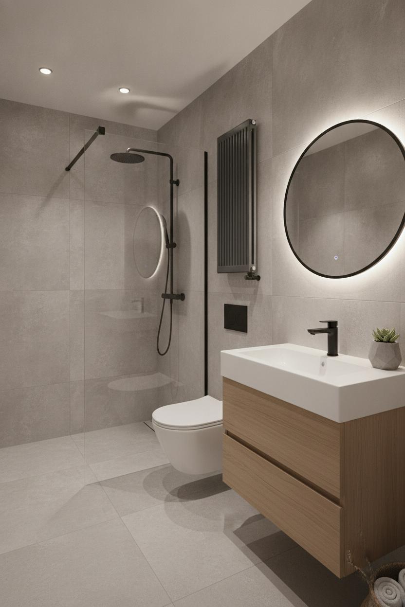 Modern small bathroom with walk-in shower, floating vanity, and matte black fixtures — minimalist small bathroom design