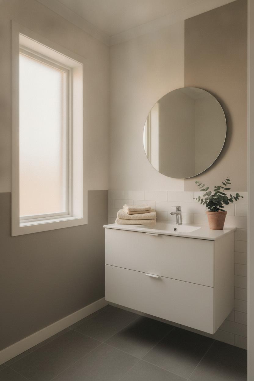 Minimalist small bathroom design with warm greige walls, white subway tiles, round mirror, and eucalyptus plant in natural light