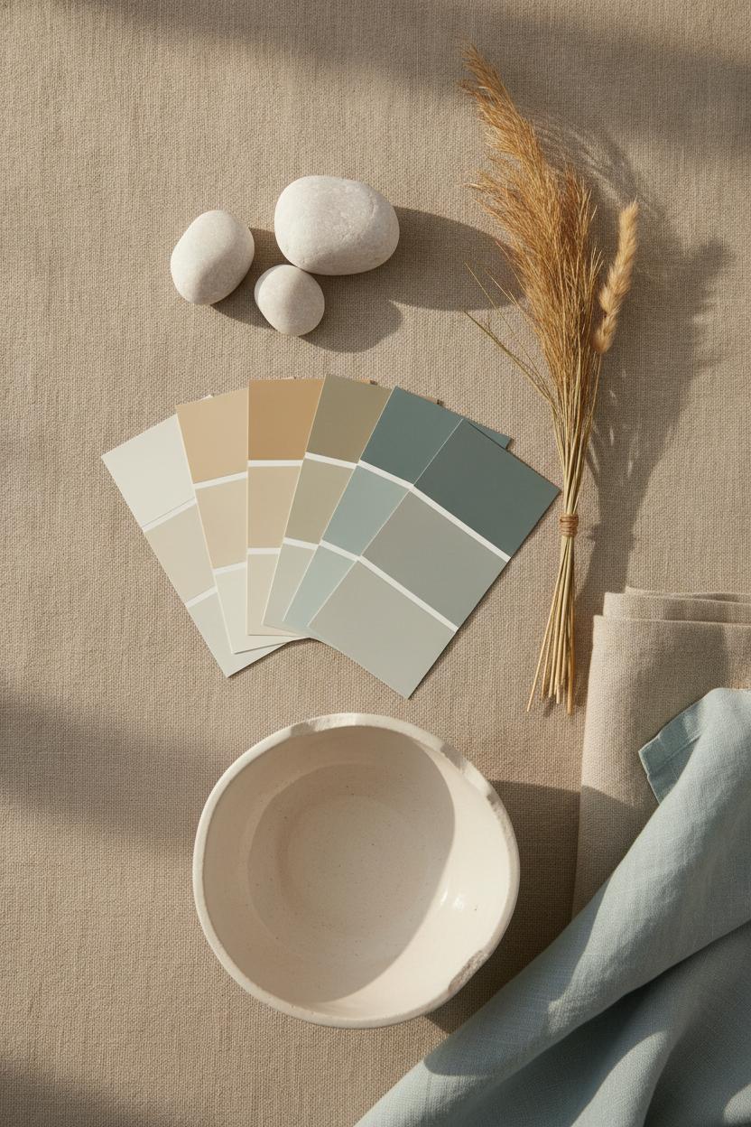 Coastal neutral home decor aesthetic flat lay with paint swatches, linen, stones and dried seagrass on sandy tablecloth