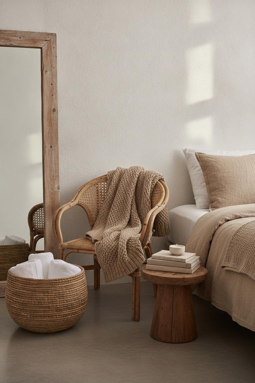 Cozy neutral coastal home decor aesthetic with rattan chair, chunky knit throw, seagrass basket, and driftwood mirror