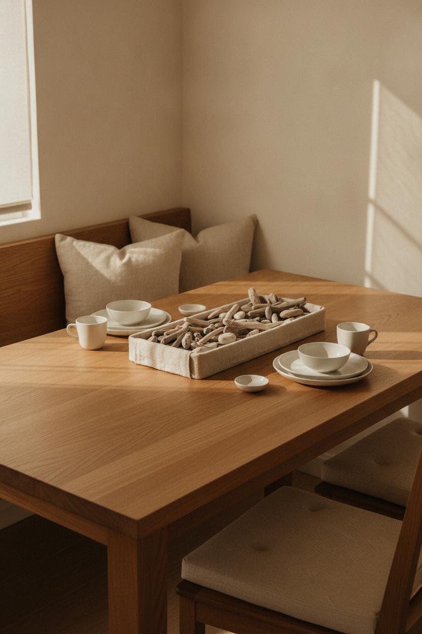 Minimalist coastal dining nook with raw oak table, driftwood centerpiece, and neutral coastal home decor aesthetic in warm light