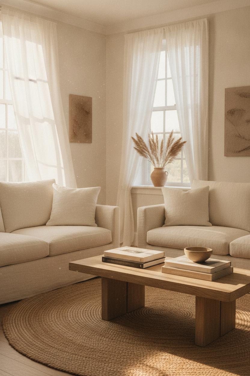 Bright airy living room showcasing neutral coastal home decor aesthetic with linen sofas, jute rug, and pampas grass in golden light