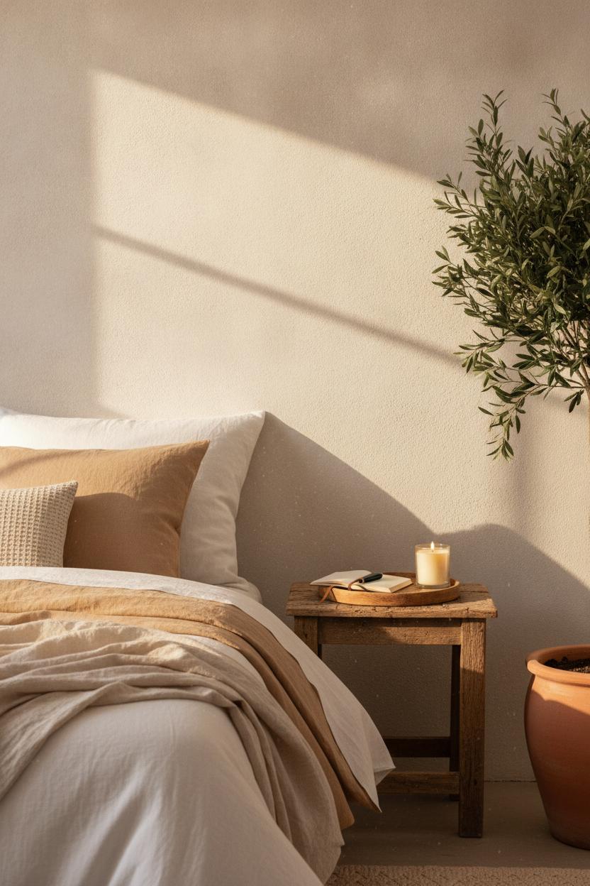 Cozy bedroom morning setup with journal and candle on nightstand — intentional living practices for beginners
