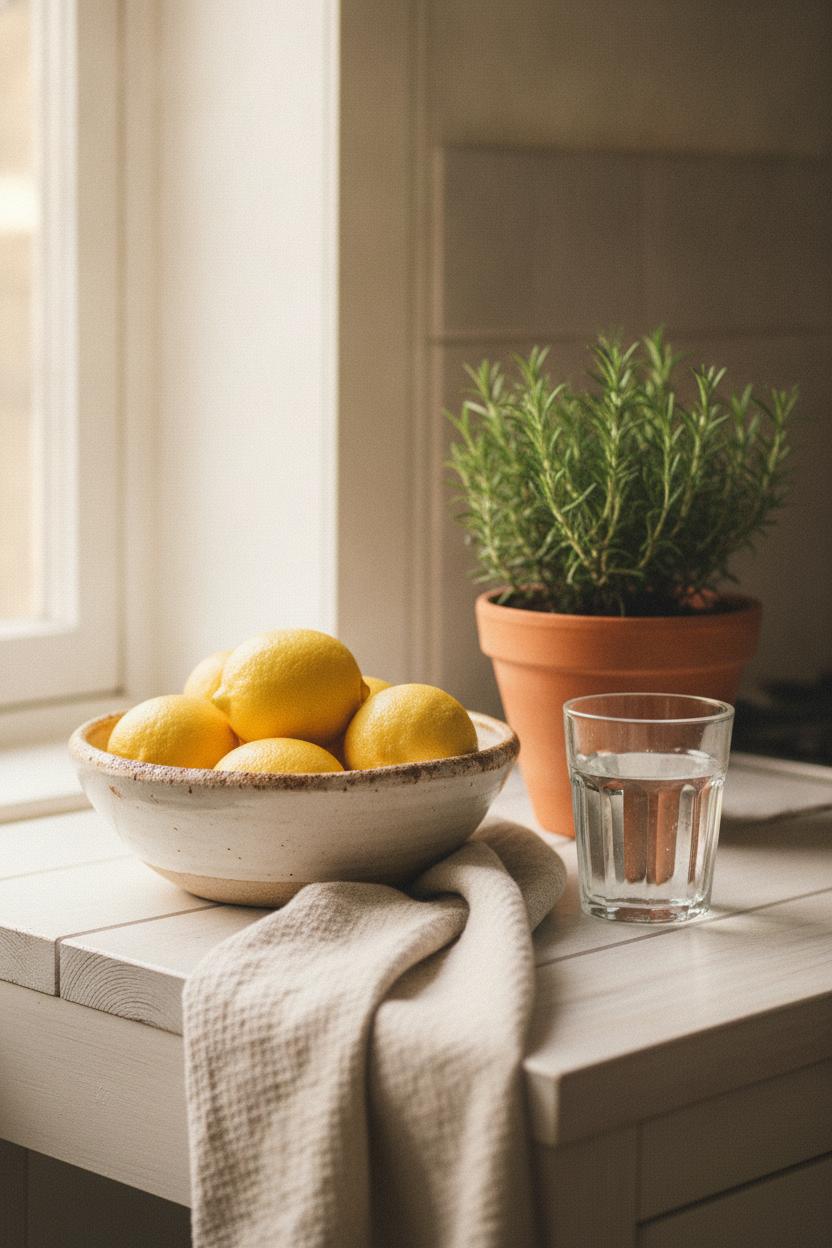 Serene kitchen corner with lemons, rosemary, and linen towel — intentional living practices for beginners
