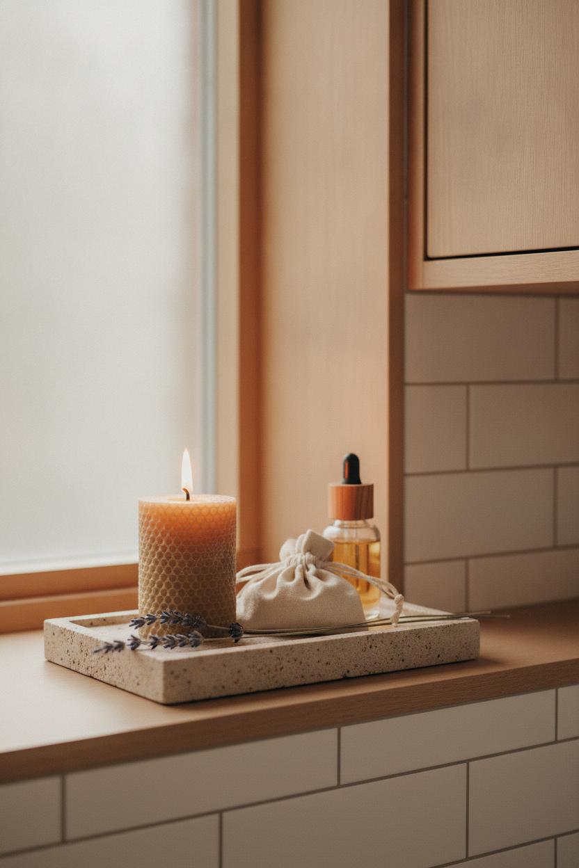 Styled bathroom shelf with candle, lavender, and dropper bottle — simple intentional living practices for beginners