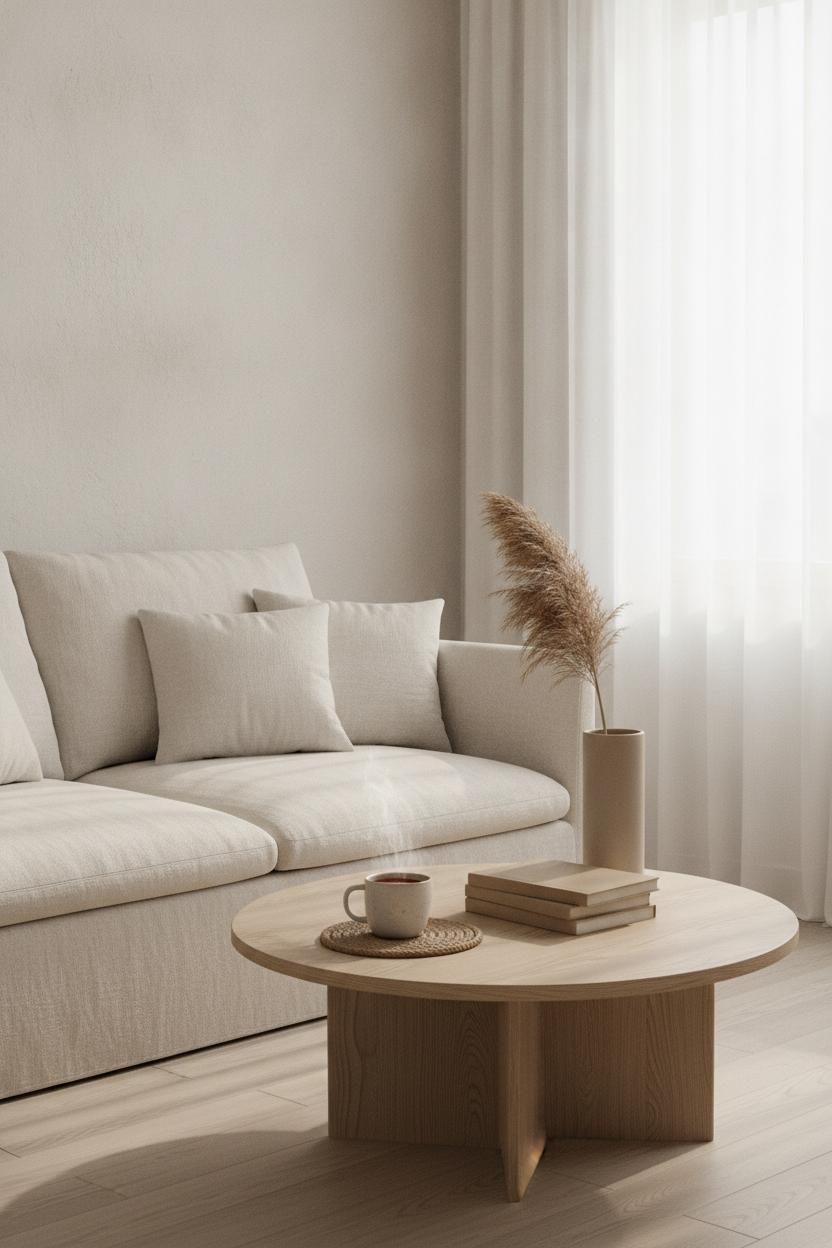 Minimalist Scandinavian living room embodying intentional living practices for beginners — linen sofa, tea, books, pampas grass