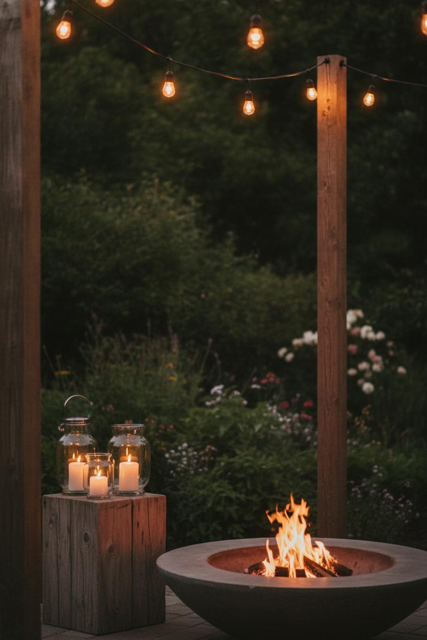 Cozy fire pit area decor ideas with Edison string lights, lanterns, and candles glowing warmly at dusk