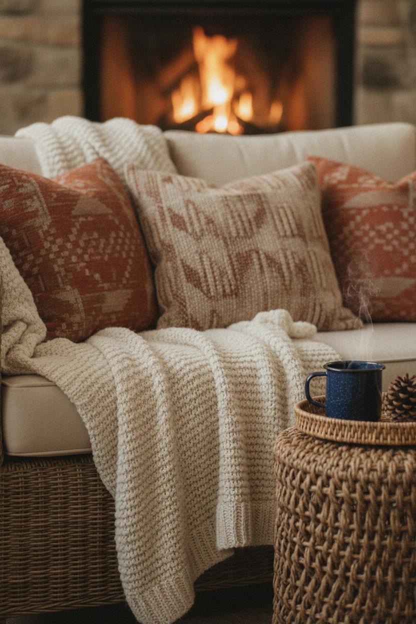 Cozy fire pit area decor ideas with wicker sofa, chunky knit throw, terracotta cushions, and steaming mug at dusk