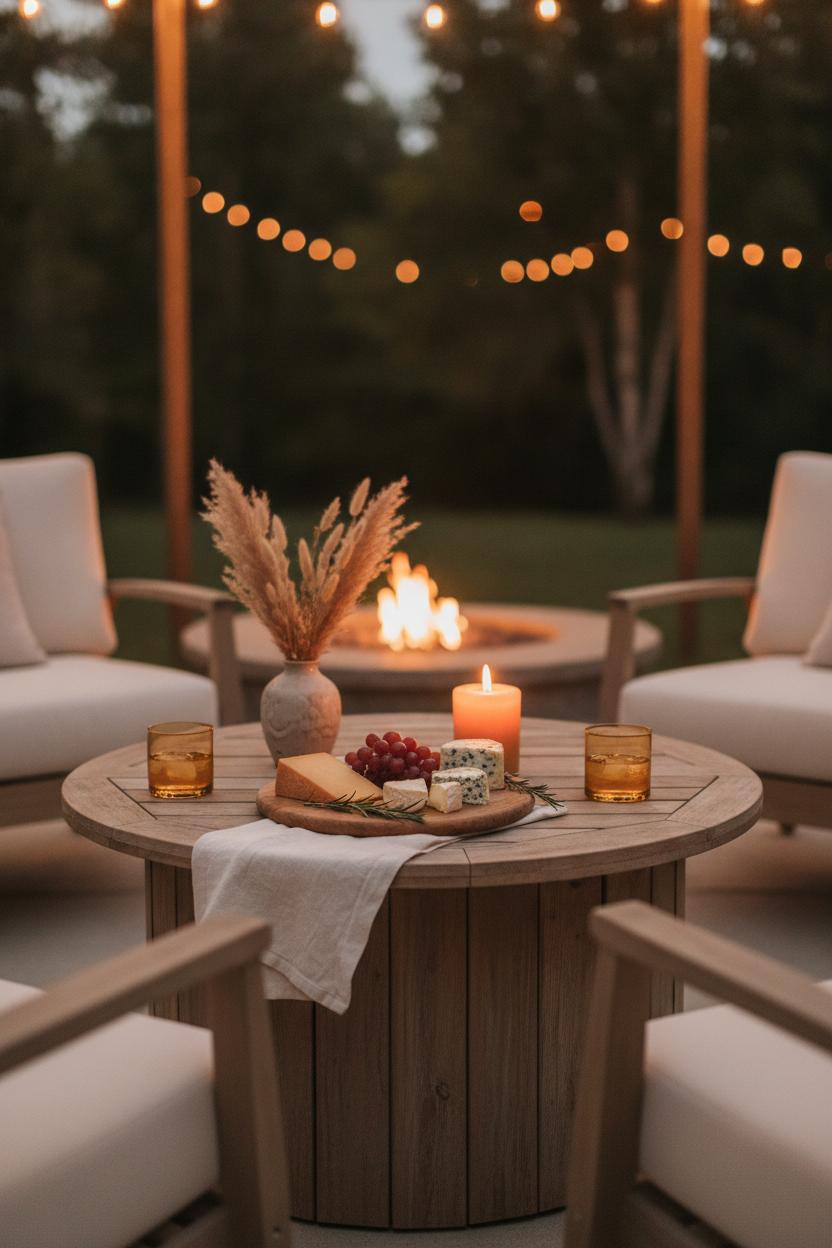 Cozy fire pit area decor ideas with teak coffee table, cheese board, amber tumblers, pampas grass, and beeswax candle