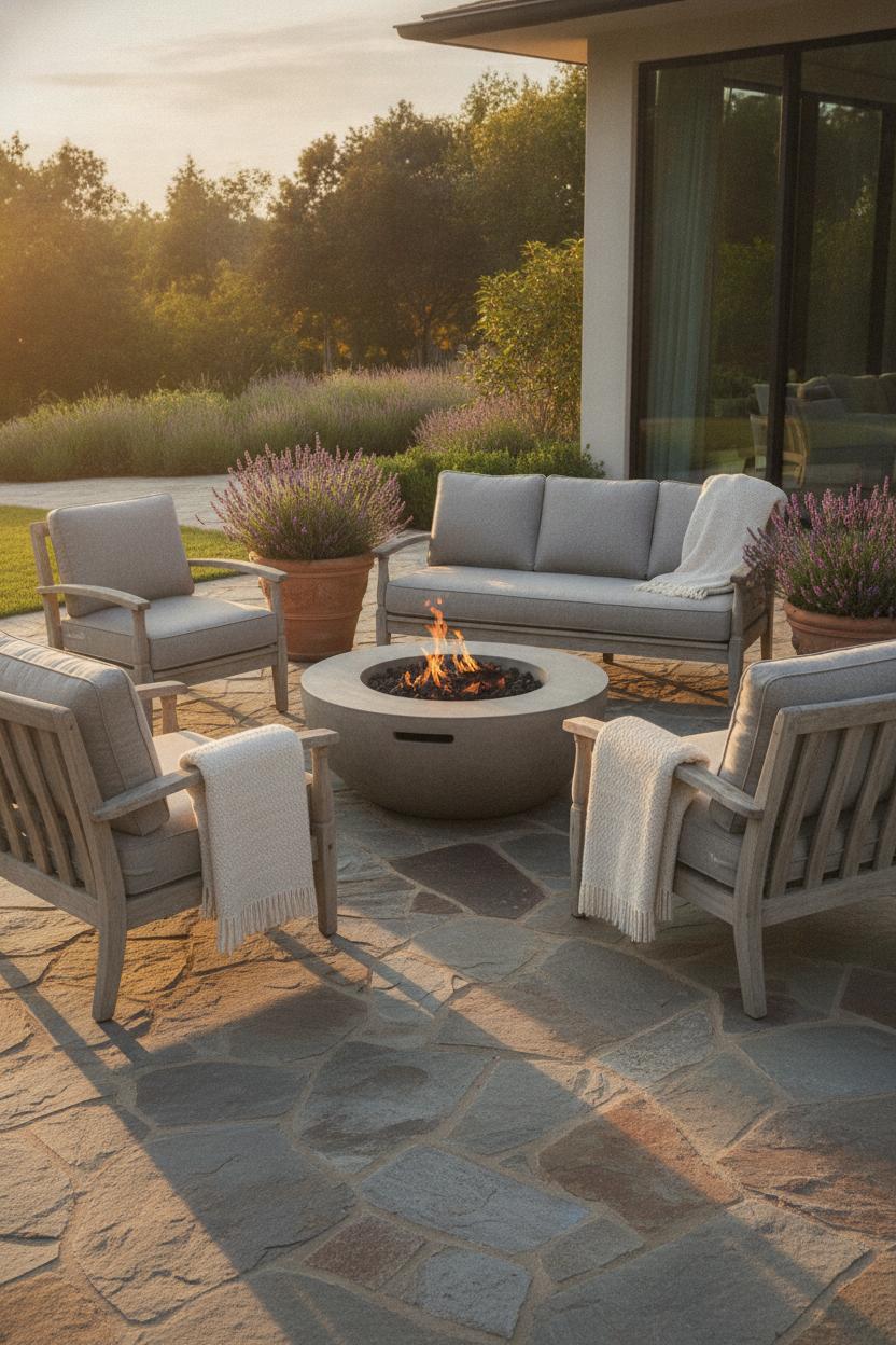 Cozy fire pit area decor ideas with linen chairs, teak loveseat, cream throws, lavender plants, and warm golden hour light