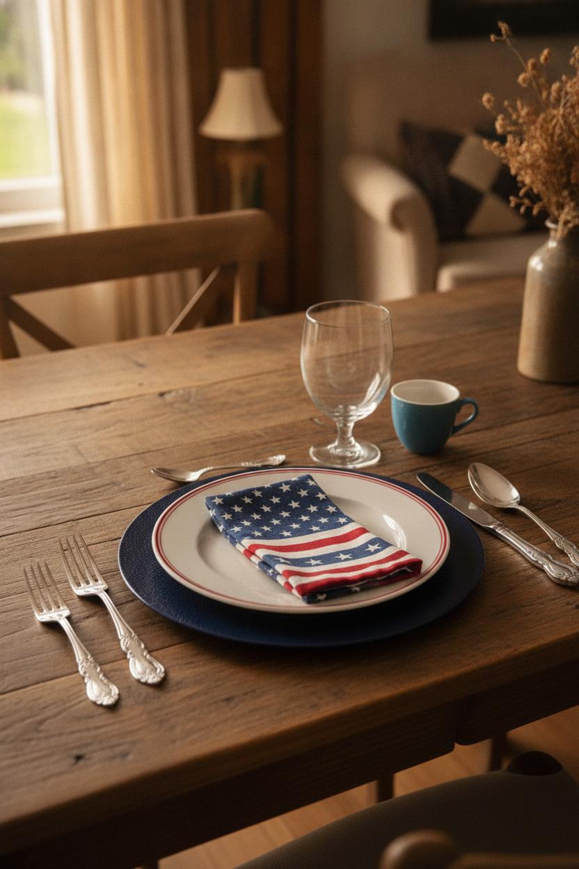 Elegant red white and blue table decor with navy charger, white plate, and star napkin on rustic farmhouse dining table