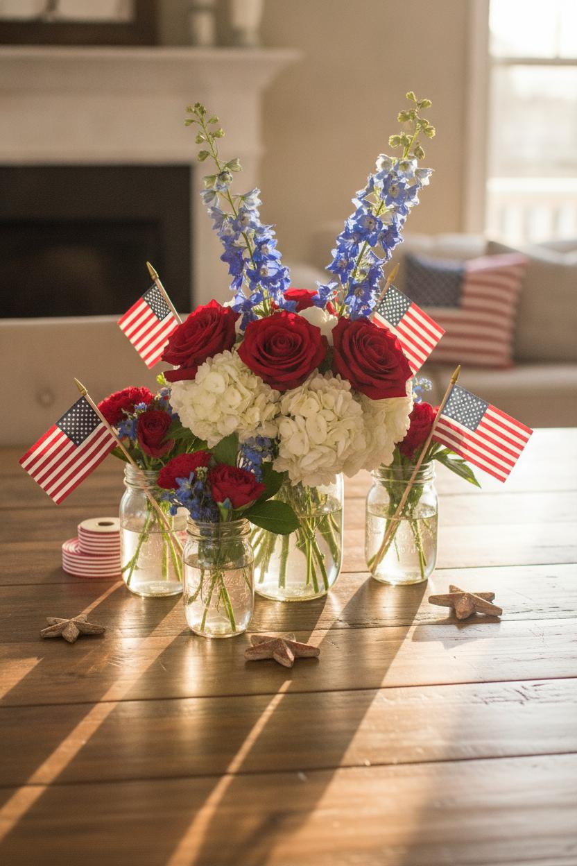 July 4th dining table centerpiece with red white and blue table decor using mason jars, roses, hydrangeas, and small flags