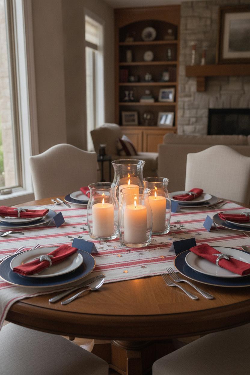 Elegant red white and blue table decor with pillar candles, silver star confetti, and navy menu cards in cozy dining room