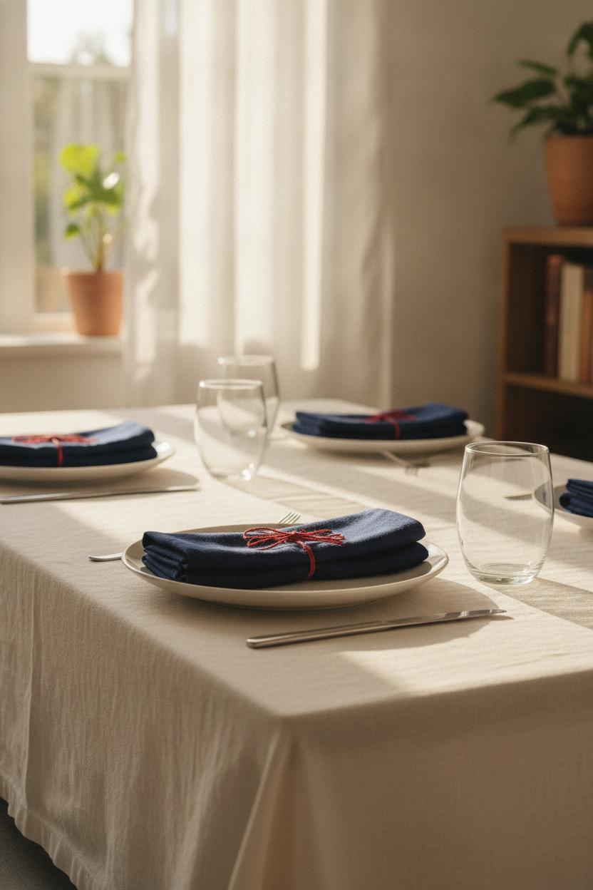 Elegant dining table with white linen tablecloth and navy napkins tied with red twine for <a href=