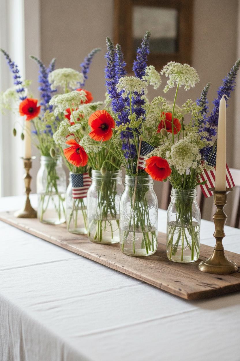 Patriotic tablescape decorating ideas with wildflowers in mason jars, poppies, salvia, and American flags on reclaimed wood.
