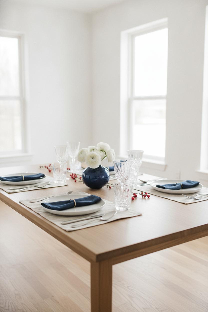 Minimalist patriotic tablescape decorating ideas with navy linen, white ranunculus, crystal glassware, and red berry accents