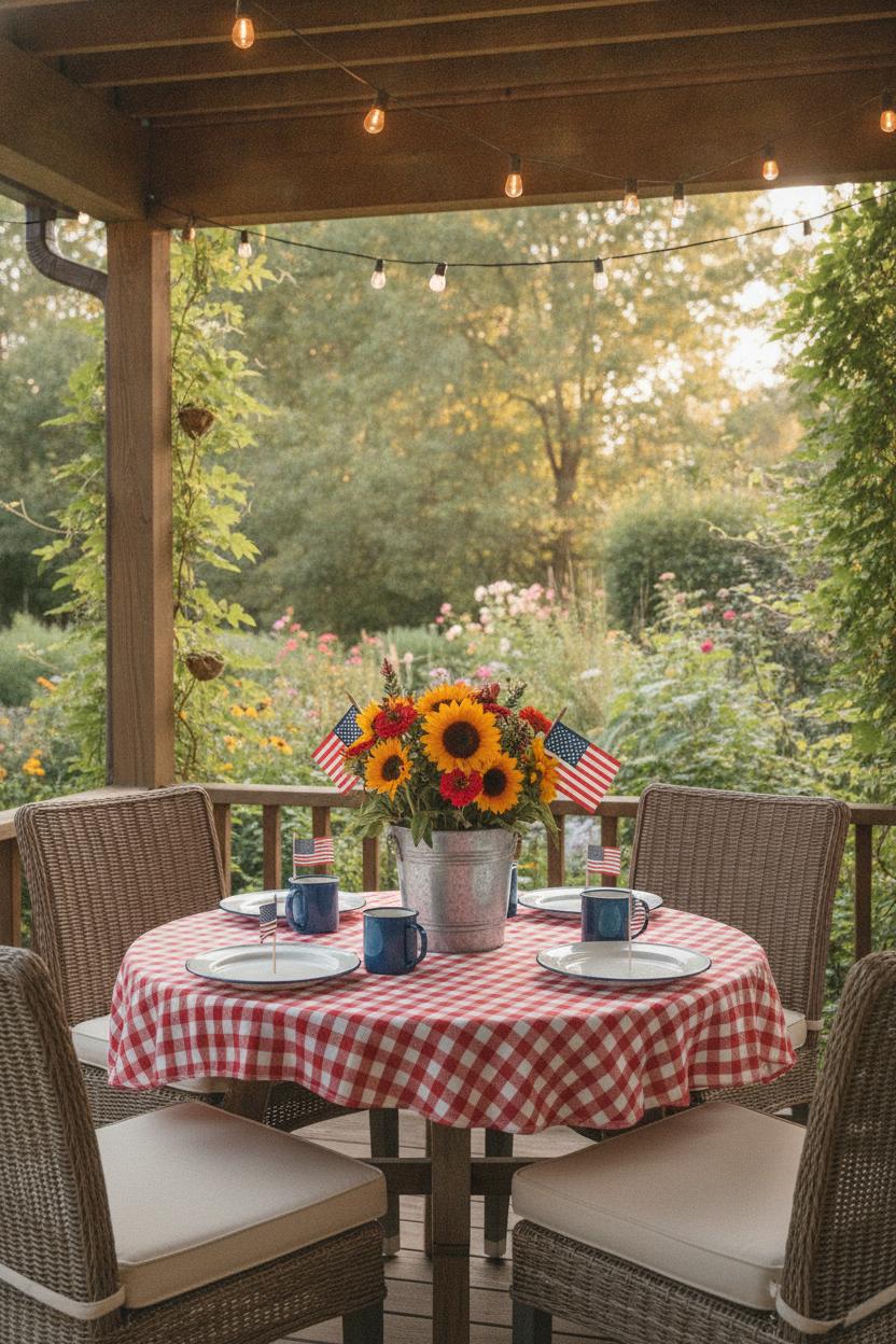 Cozy porch patriotic tablescape decorating ideas with sunflowers, gingham tablecloth, and string lights in golden hour light