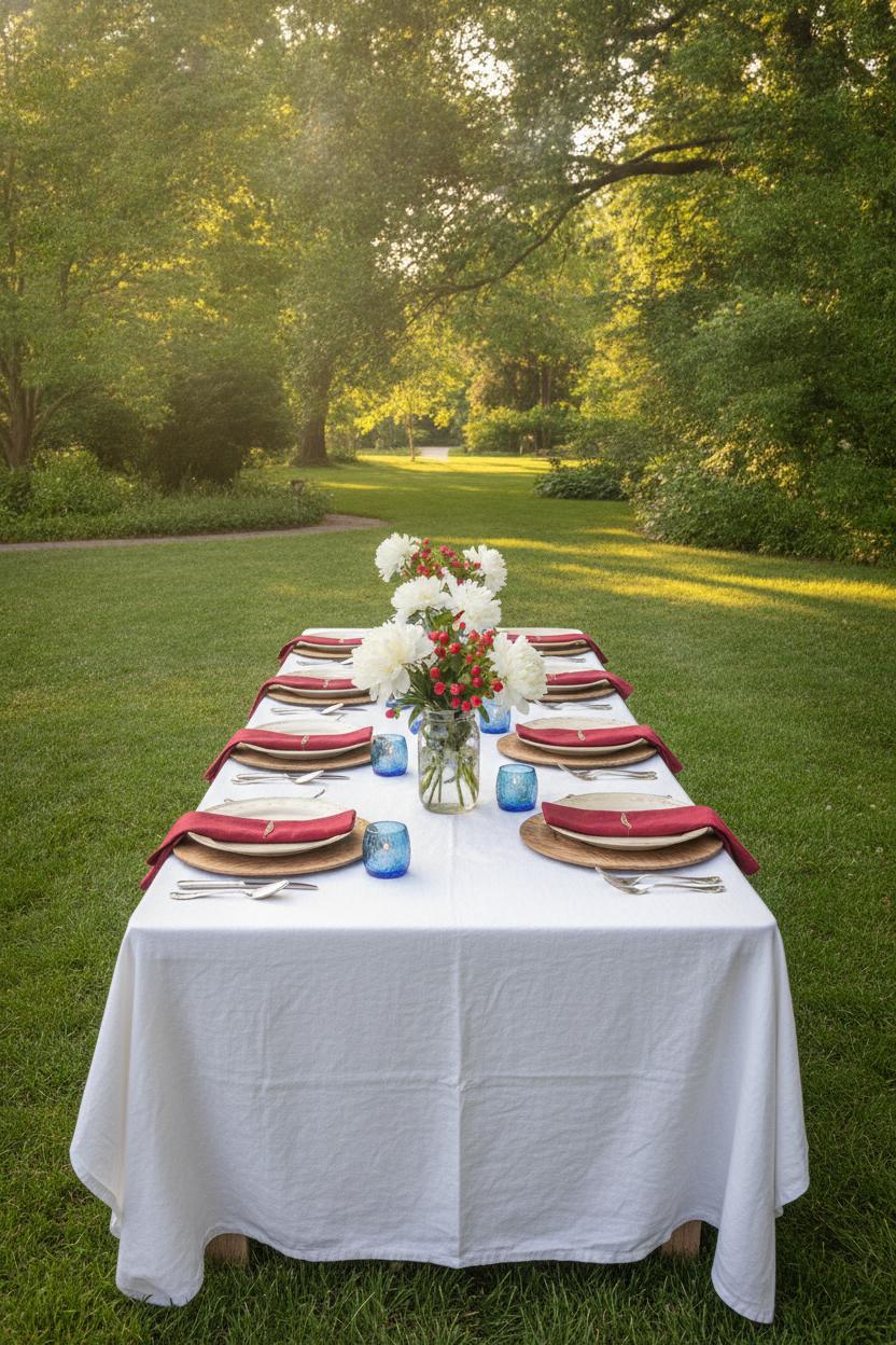 Outdoor farmhouse table with white linen, red napkins, blue votives and peonies — patriotic tablescape decorating ideas