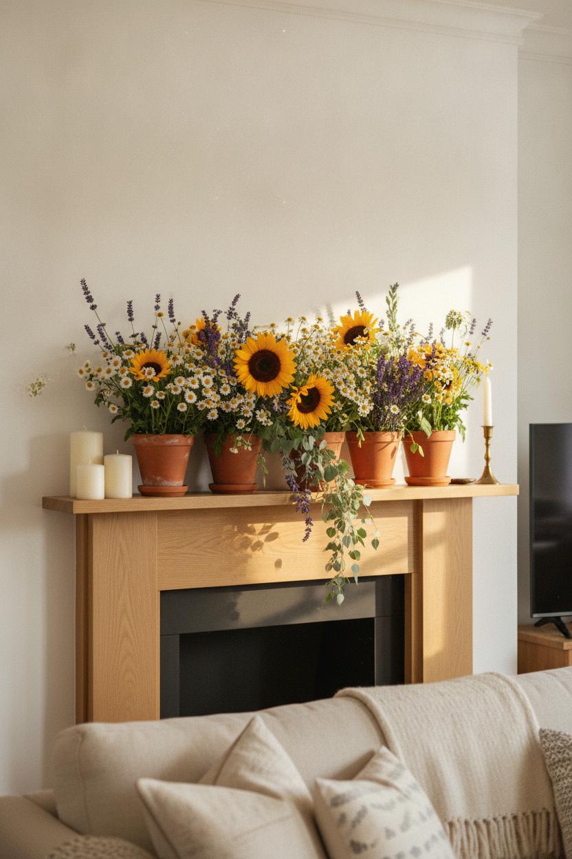 Light oak fireplace mantel with wildflowers, candles & eucalyptus — summer mantel decorating ideas in a bright living room