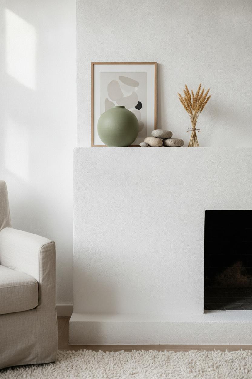 Minimalist summer mantel decorating ideas with sage green vase, river stones, dried wheat grass, and abstract art print