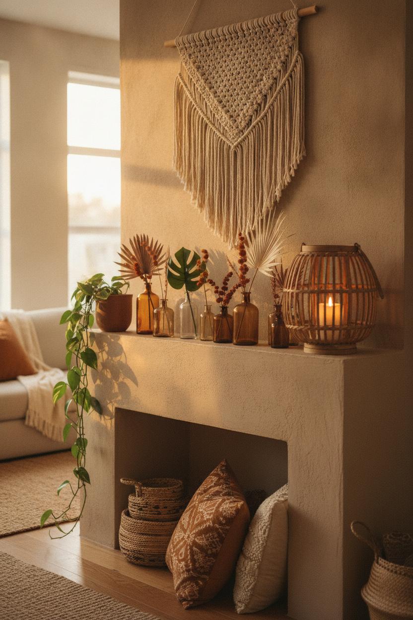 Boho summer mantel decorating ideas with macramé wall art, tropical stems, wicker lantern, and pothos plant in warm amber tones