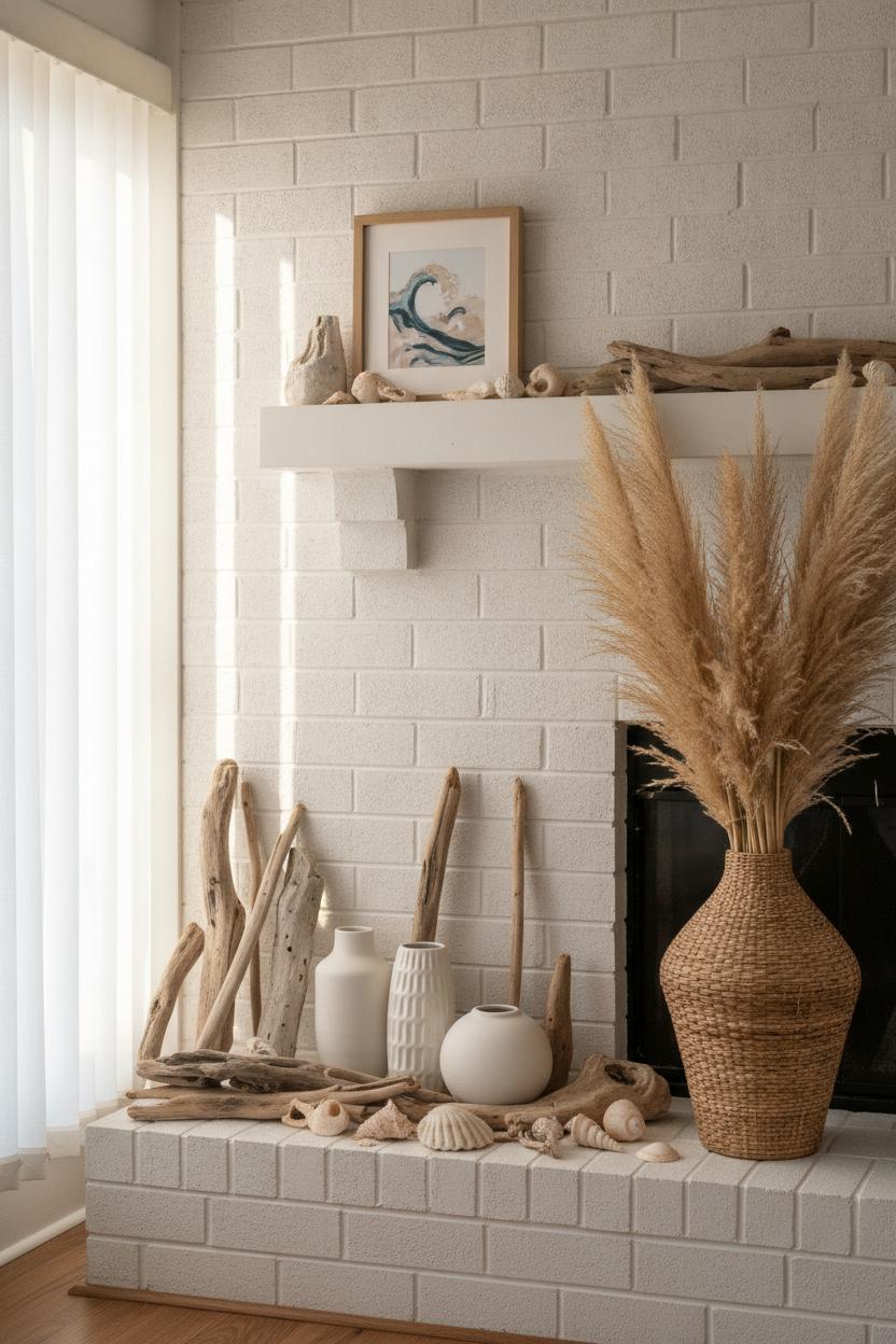 Coastal summer mantel decorating ideas with driftwood, seashells, pampas grass, and white ceramic vases on brick fireplace
