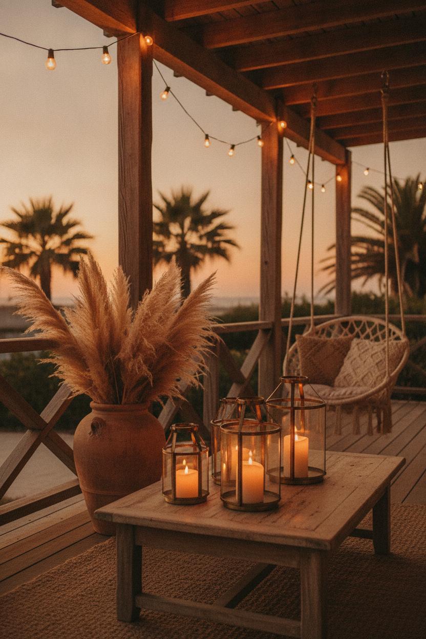 Boho beach house porch at dusk with Edison string lights, hurricane lanterns, and pampas grass — summer beach house outdoor decor