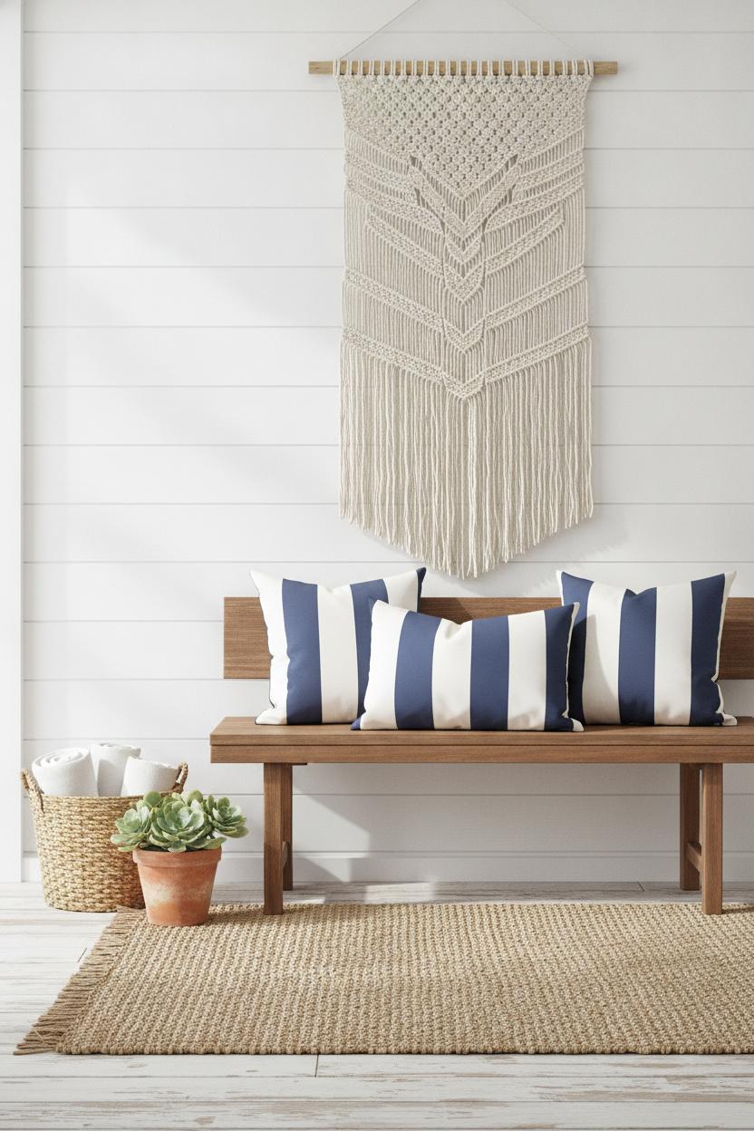 Beach house front porch with navy striped pillows, jute rug, and macramé — summer beach house outdoor decor inspiration