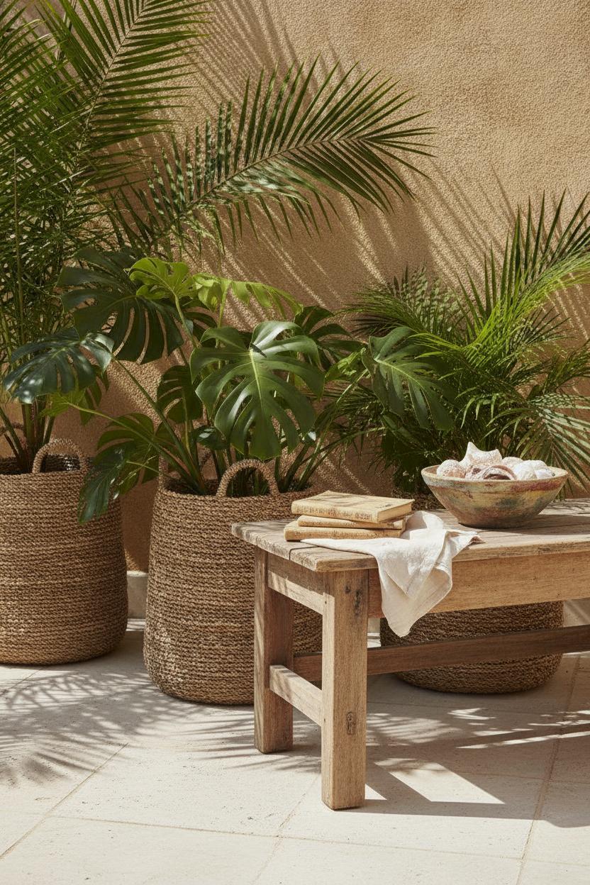 Sun-drenched patio with tropical plants, reclaimed wood table, books, and shells — summer beach house outdoor decor inspo