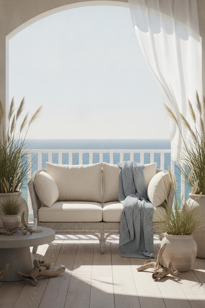 Whitewashed rattan loveseat with cream cushions and blue throw on a coastal patio — summer beach house outdoor decor inspiration