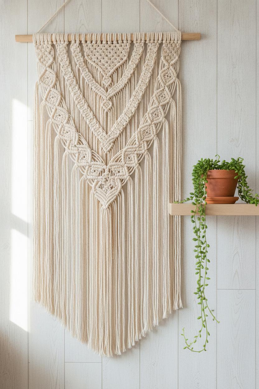 Handmade macramé wall hanging beside a trailing plant on a wooden shelf — elegant DIY home decor projects on a budget