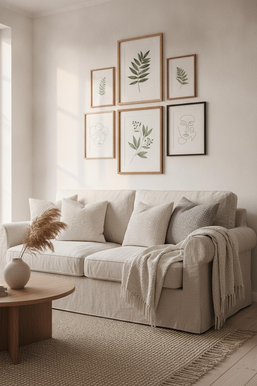 Cozy gallery wall with thrifted frames and botanical prints above linen sofa — DIY home decor project on a budget