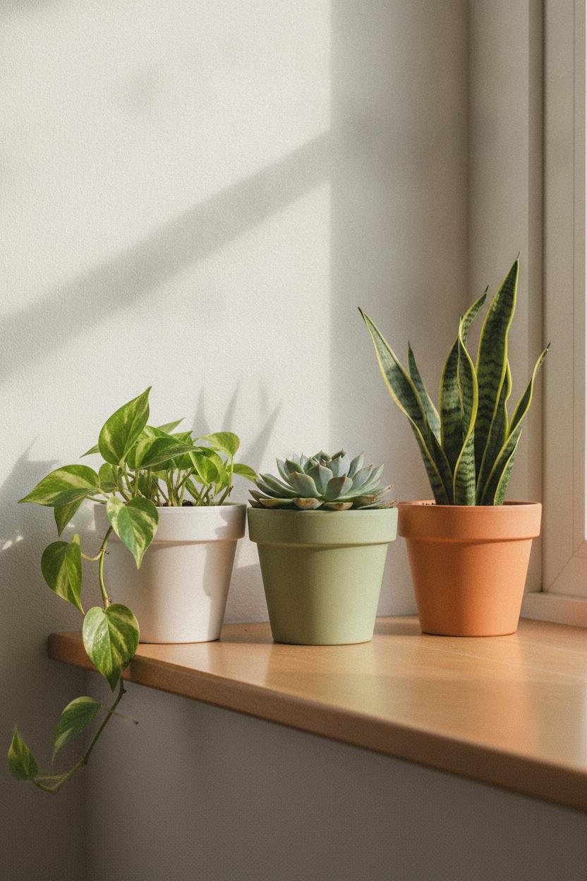 Three painted terracotta pots with houseplants on a sunny windowsill — easy DIY home decor projects on a budget