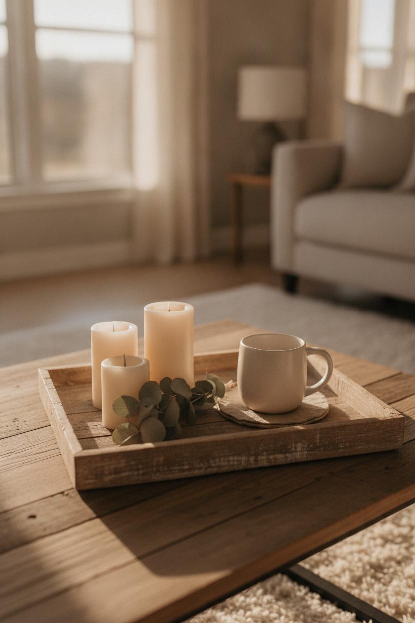 Rustic wooden tray with pillar candles, eucalyptus, and ceramic mug — easy DIY home decor project on a budget