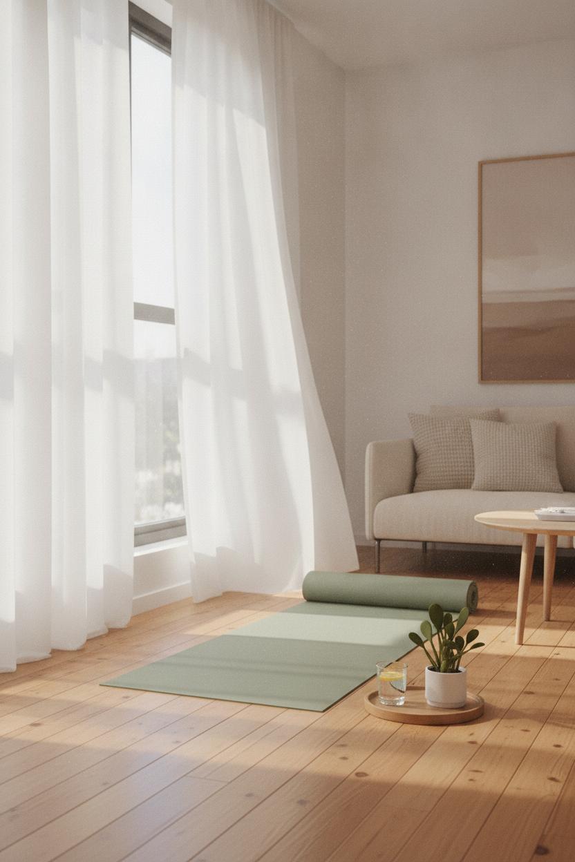 Sage green yoga mat by sunny window for self care morning rituals at home with lemon water and succulent