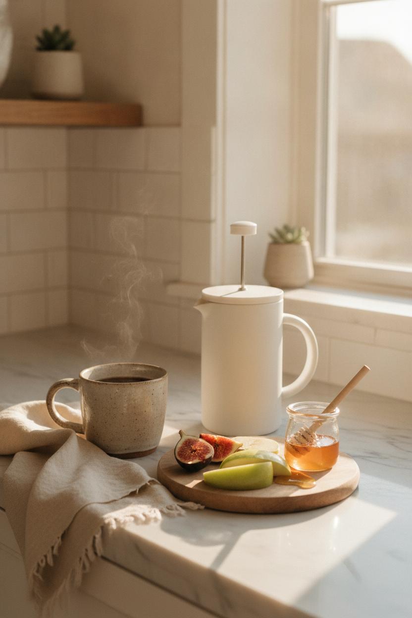Cozy minimalist kitchen counter with French press and coffee mug for self care morning rituals at home
