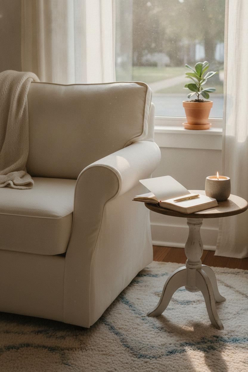 Cozy reading nook with linen armchair, journal, candle, and plant — perfect self care morning rituals at home setup