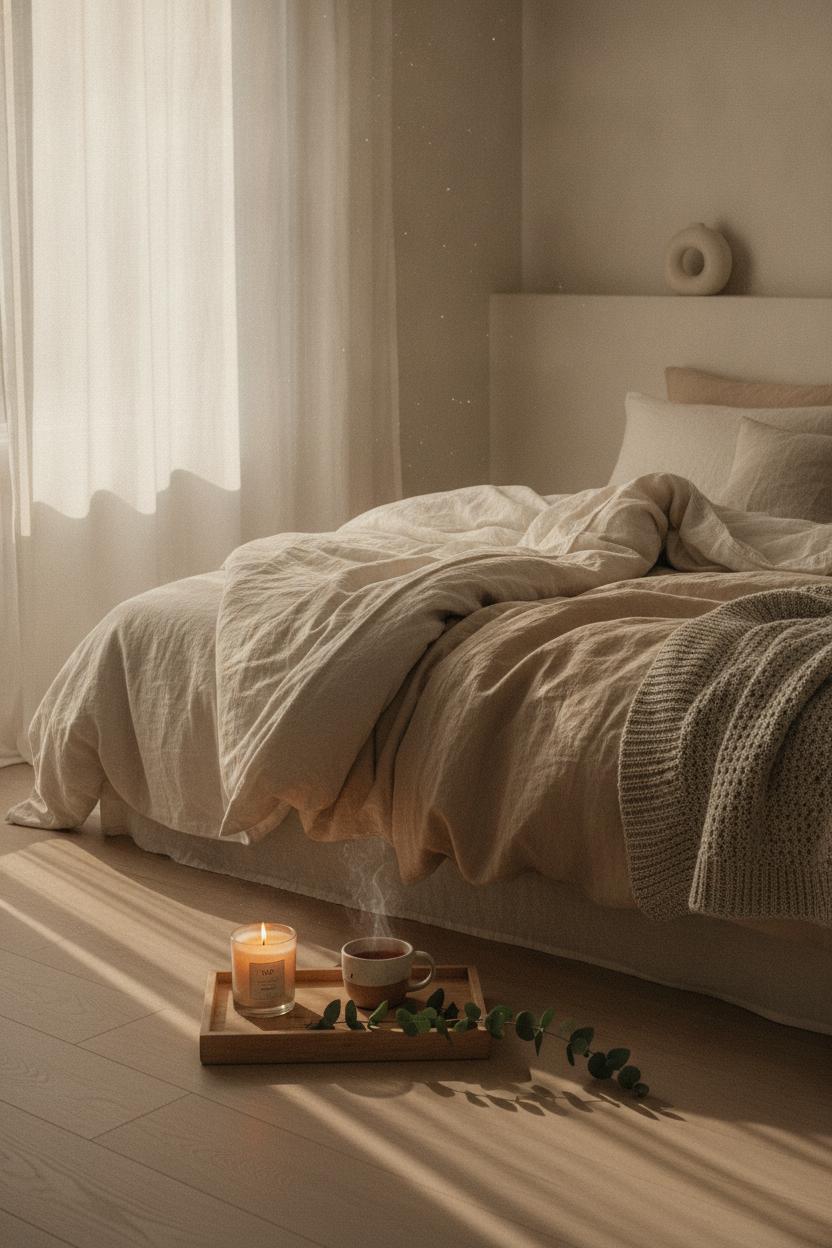 Scandinavian bedroom at dawn with linen bedding, candle, tea, and eucalyptus — self care morning rituals at home