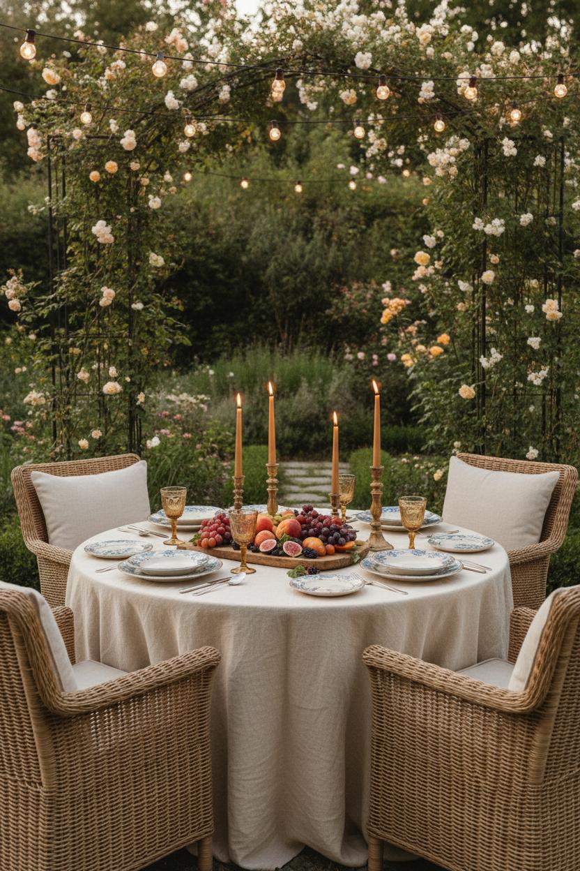 Elegant alfresco dining table with linen cloth, vintage plates, amber candles and summer fruit centerpiece — outdoor patio styling ideas summer