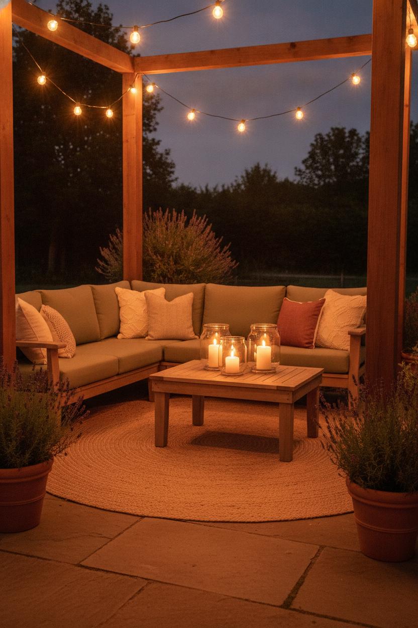 Cozy summer patio styling ideas with Edison string lights, pillar candles, sage cushions, and potted lavender at dusk