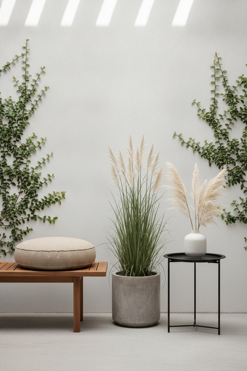 Minimalist outdoor patio styling ideas summer with teak bench, linen cushion, concrete planter, and pampas grass decor