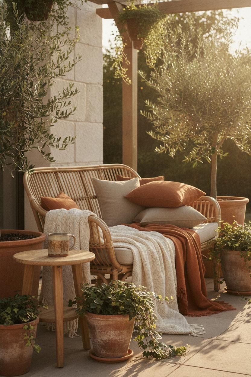 Sun-drenched rattan loveseat with earthy throw blankets and linen cushions — outdoor patio styling ideas for a cozy summer lounge corner