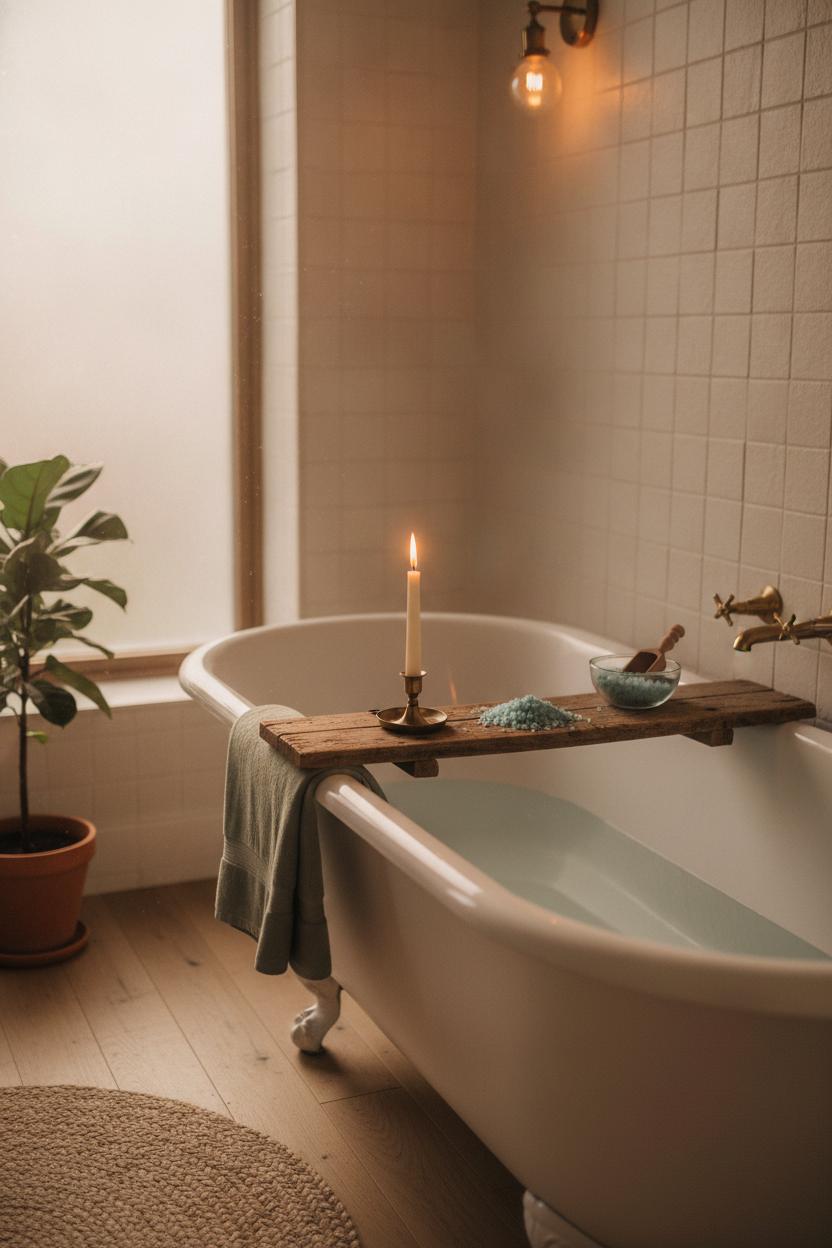 Cozy soaking tub with candle and bath salts for a mindful self care routine for women at home